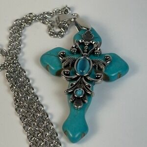 Crucifix Cross Necklace Colorful Rhinestones Religious Silver Tone